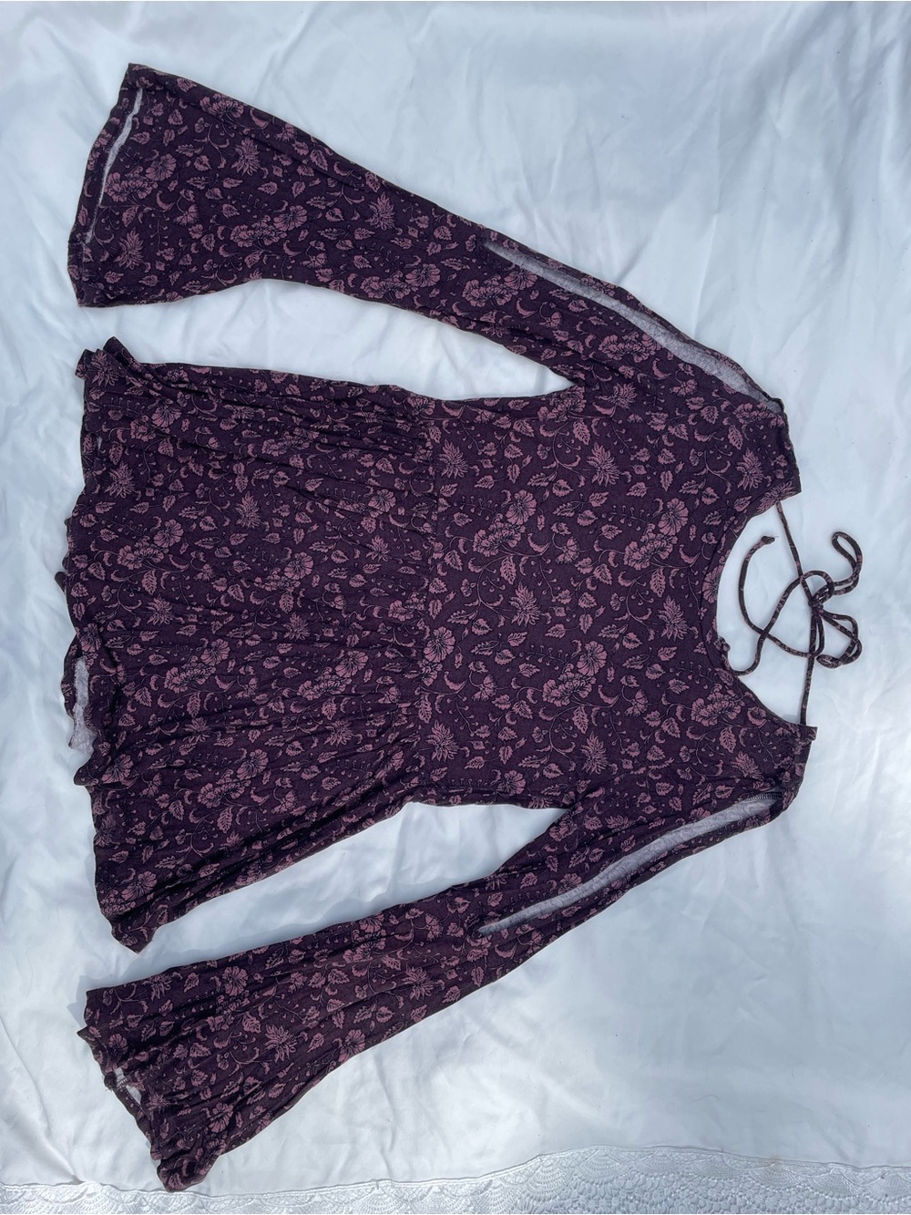 American Eagle Women’s Plum Floral Top with Tie Neck